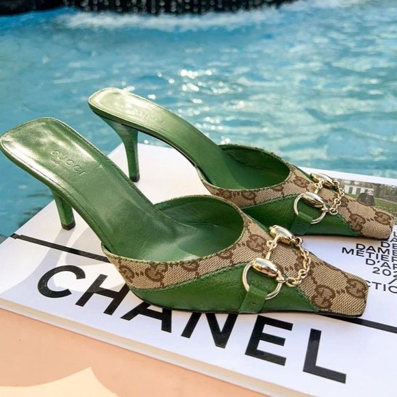 Gucci Shoes - Rare Vintage GUCCI Green GG Logo Monogram Canvas Kitten Heeled Mules Size 6.5